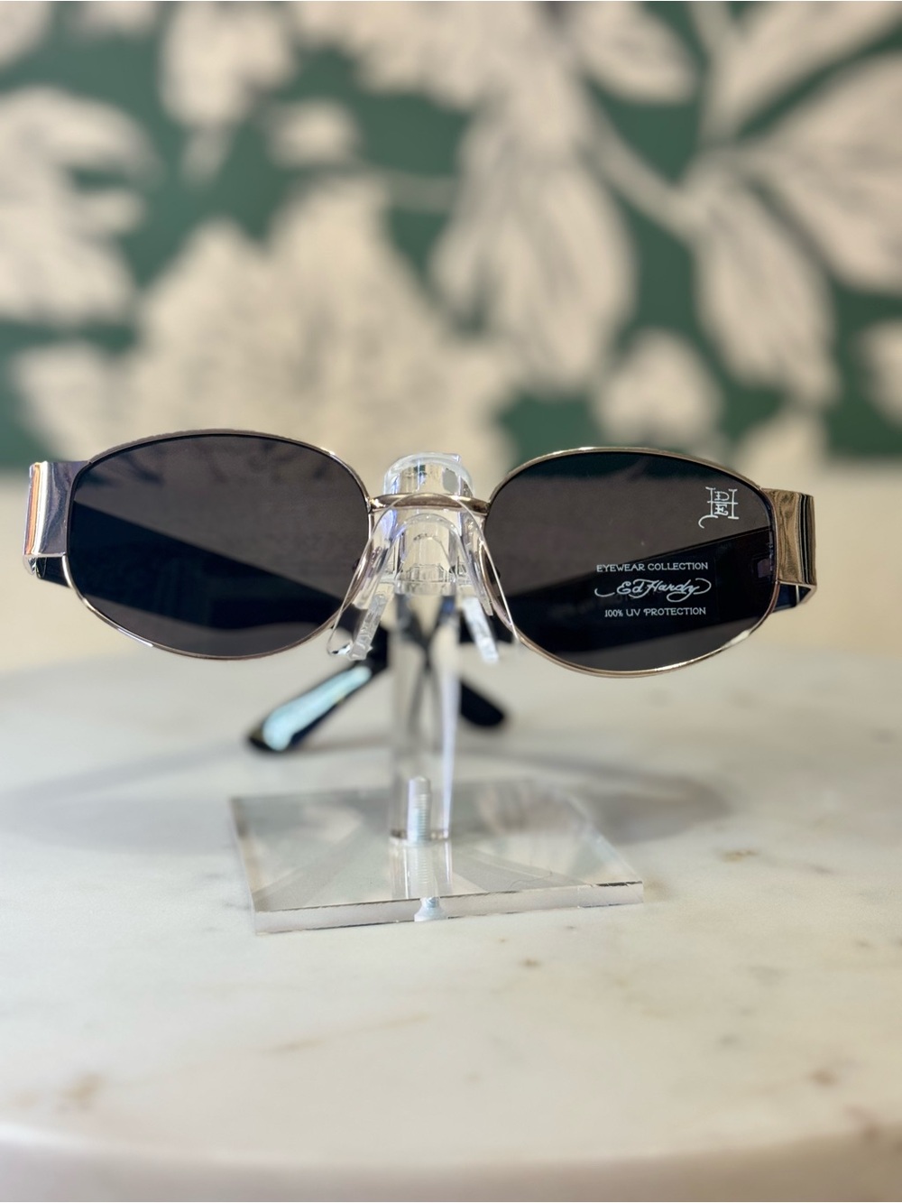 Ed Hardy Silver Metal Oval Sunglasses with Black Lenses NWT